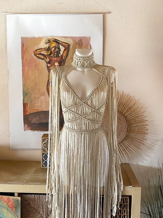 Dresses & Skirts - Custom Ivory Fringe V-Neck Dress with High Neck